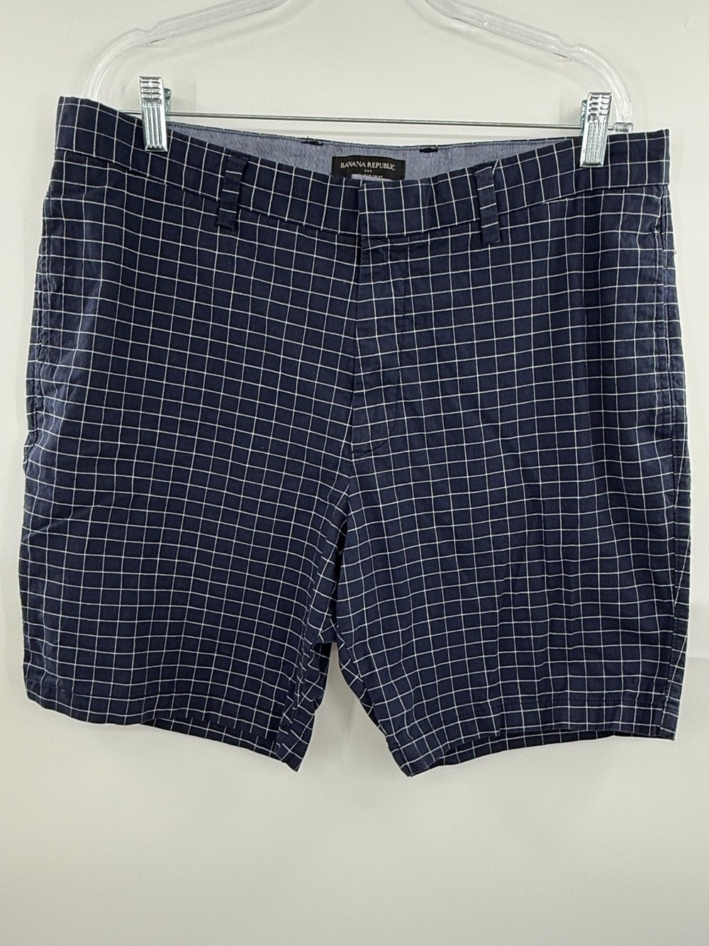 Banana Republic Factory Aiden Club Shorts Mens 36 Blue Windowpane Stretch Chino